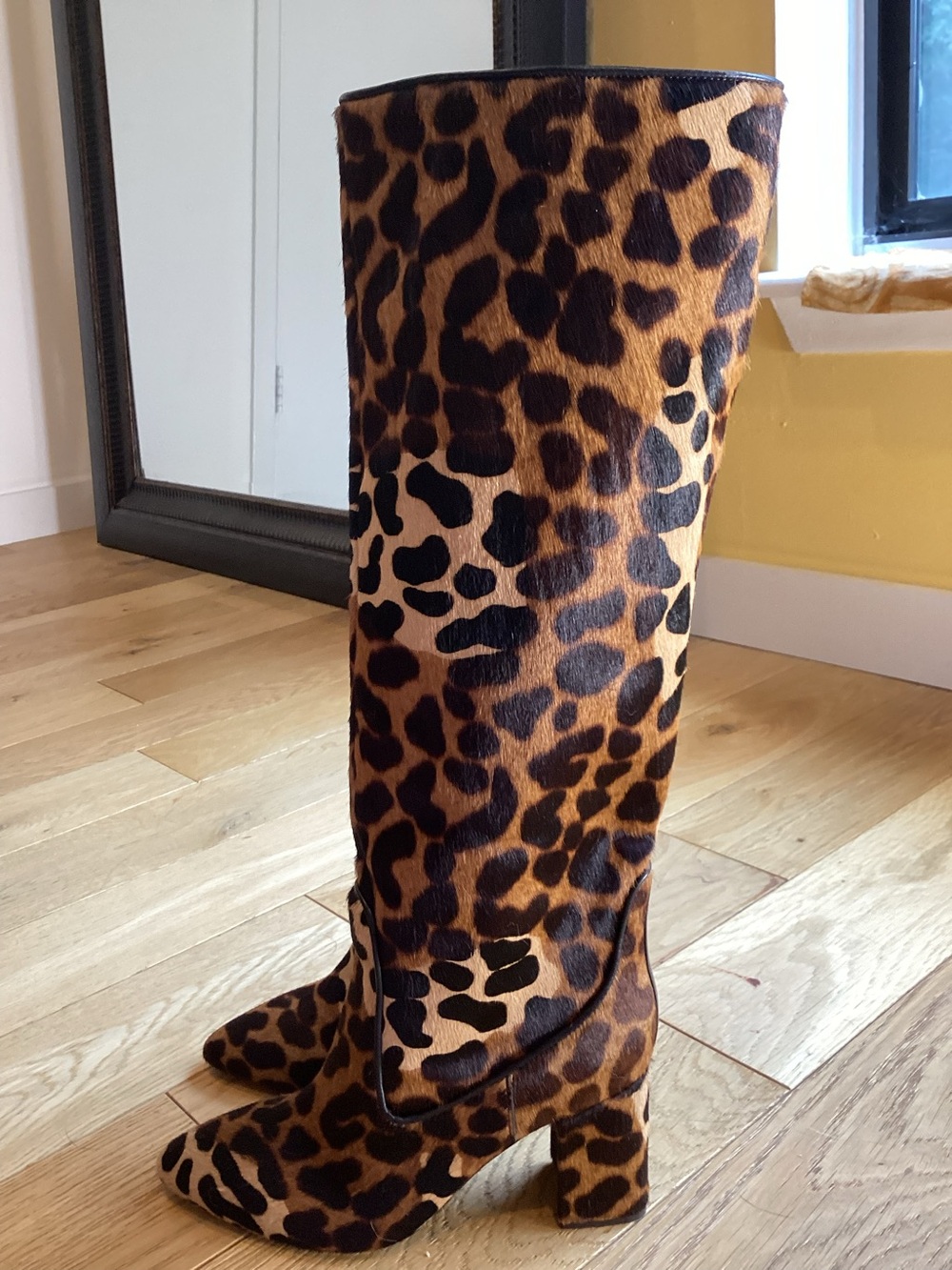 Aquatalia calf hair and leather cheetah print knee-high boot